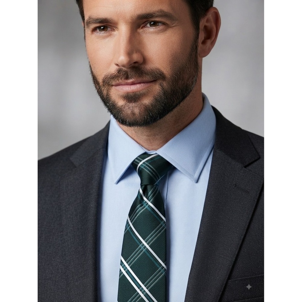 J Ferrar Men's Dark Green White Plaid Necktie Accessories Workcore